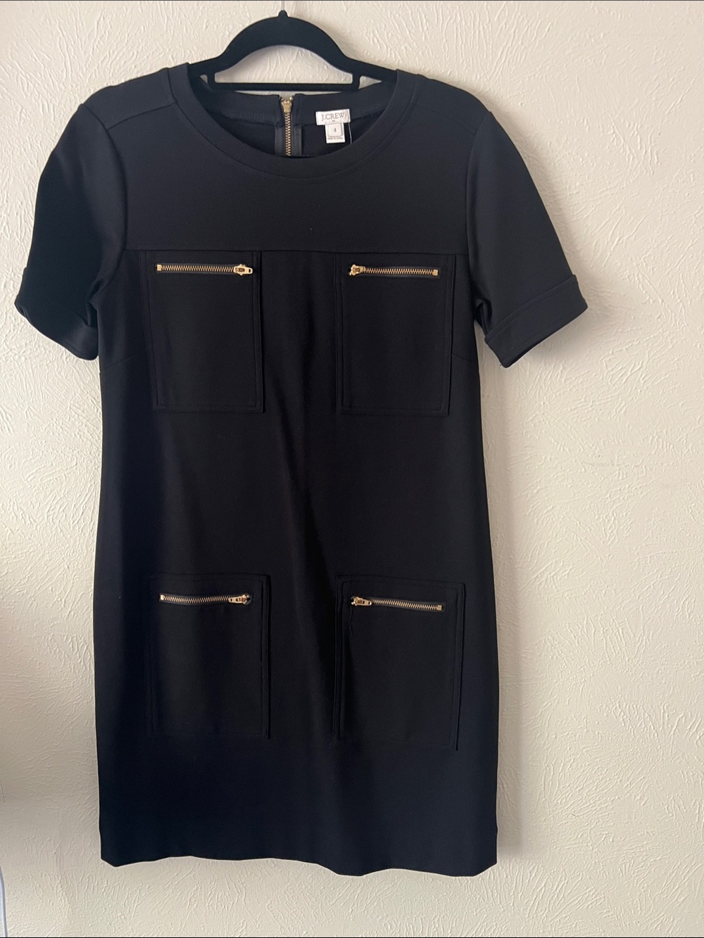 J. Crew Black Short Sleeve Shift Dress with Gold Zipper Details